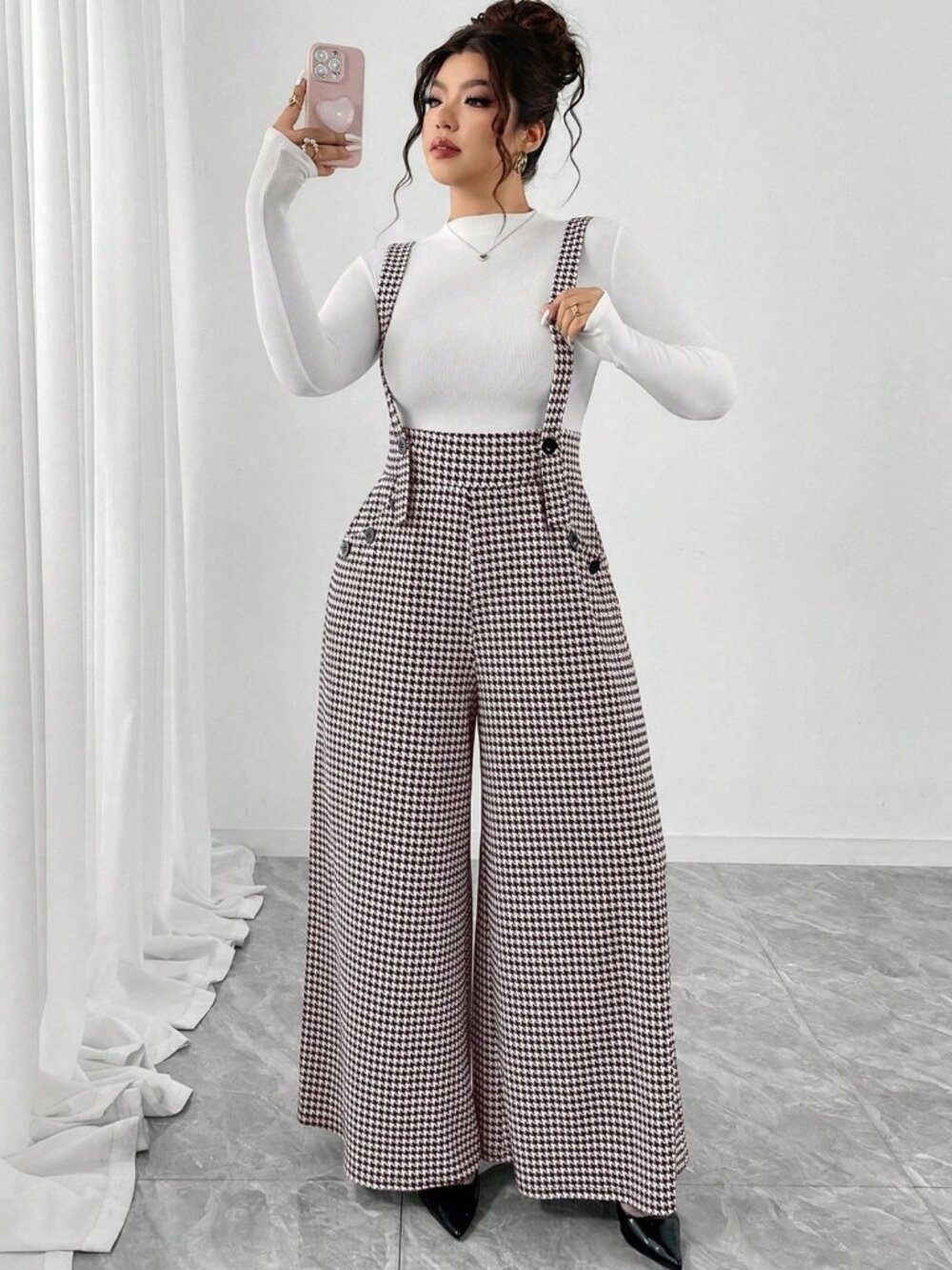 Elenzga Plus Houndstooth Flare-Leg Jumpsuit